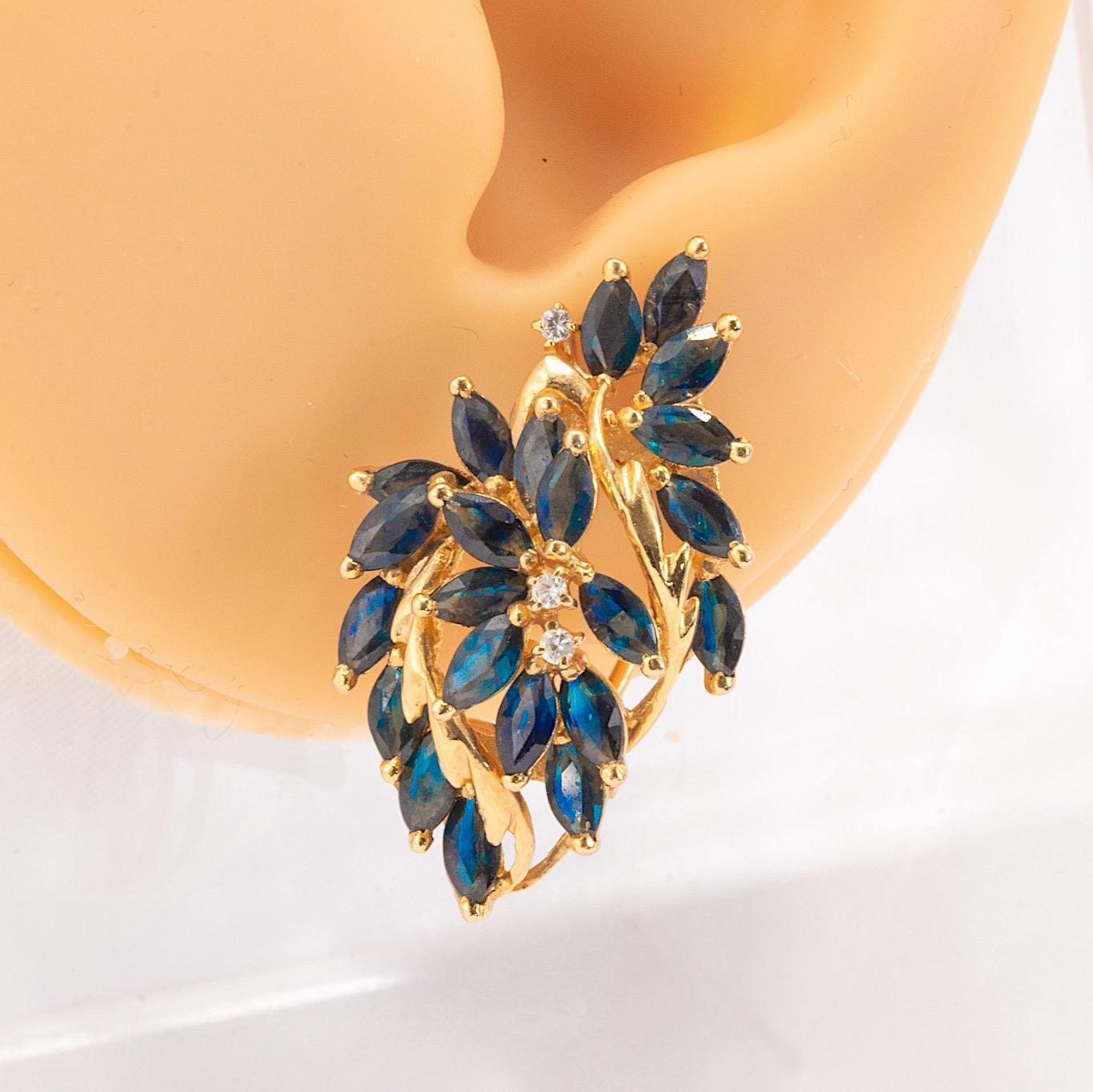 Women's Vintage 14k Yellow Gold Sapphire & Diamond Earrings For Sale