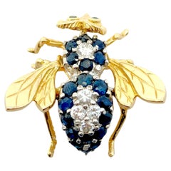 Spilla a mosca d'epoca in oro giallo 14K con zaffiro e diamante