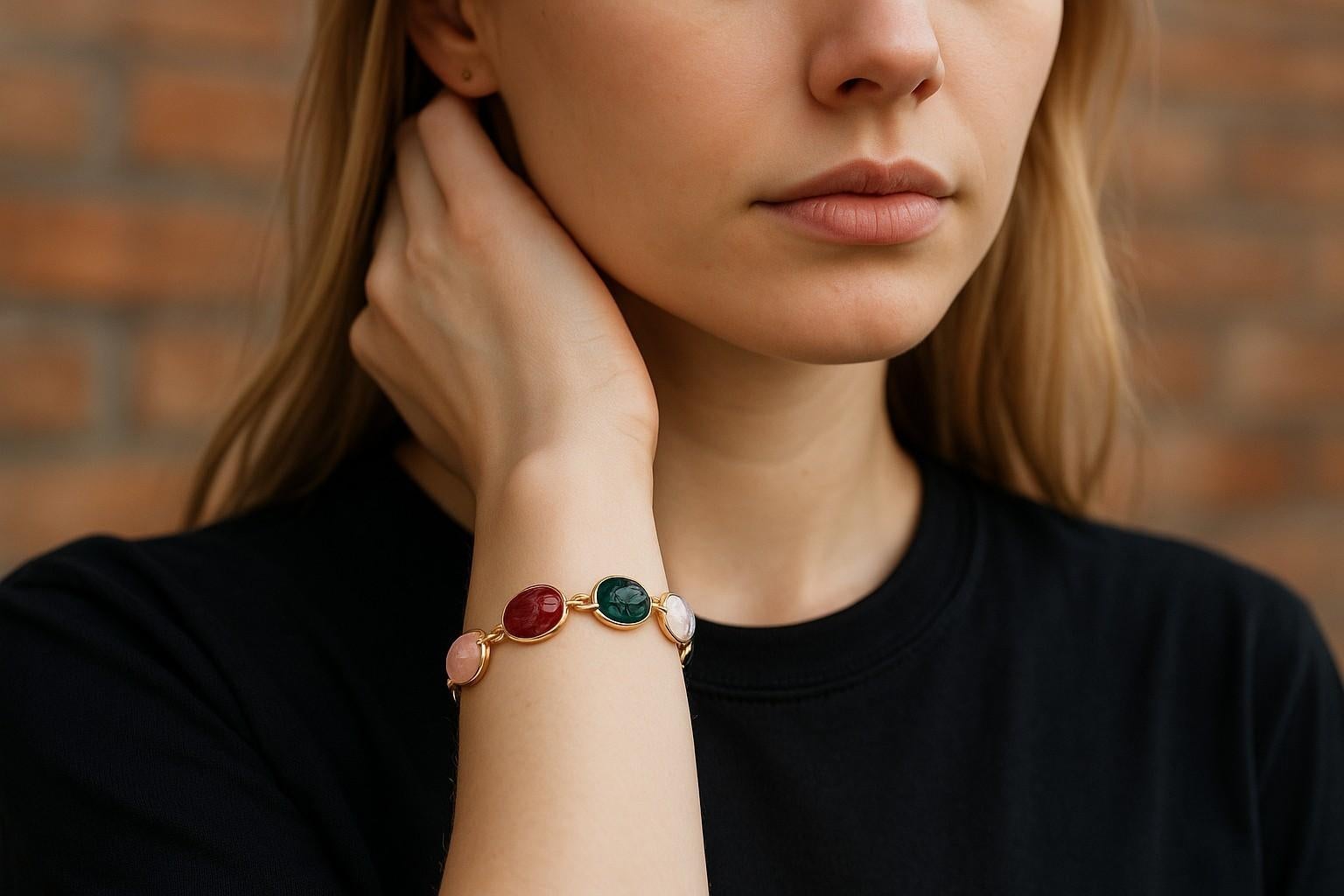 Contemporary Vintage 14K Yellow Gold Scarab Gemstone Bracelet Carved Semi-Precious Scarabs For Sale