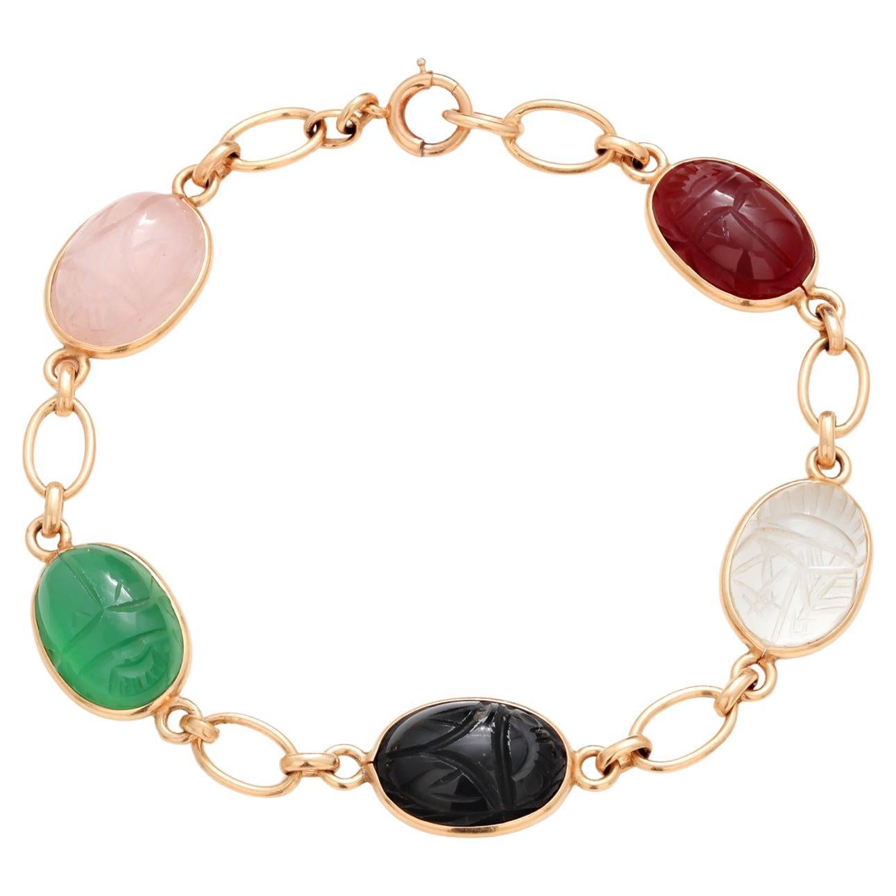 Vintage 14K Yellow Gold Scarab Gemstone Bracelet Carved Semi-Precious Scarabs For Sale