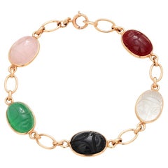 Vintage 14K Yellow Gold Scarab Gemstone Bracelet Carved Semi-Precious Scarabs