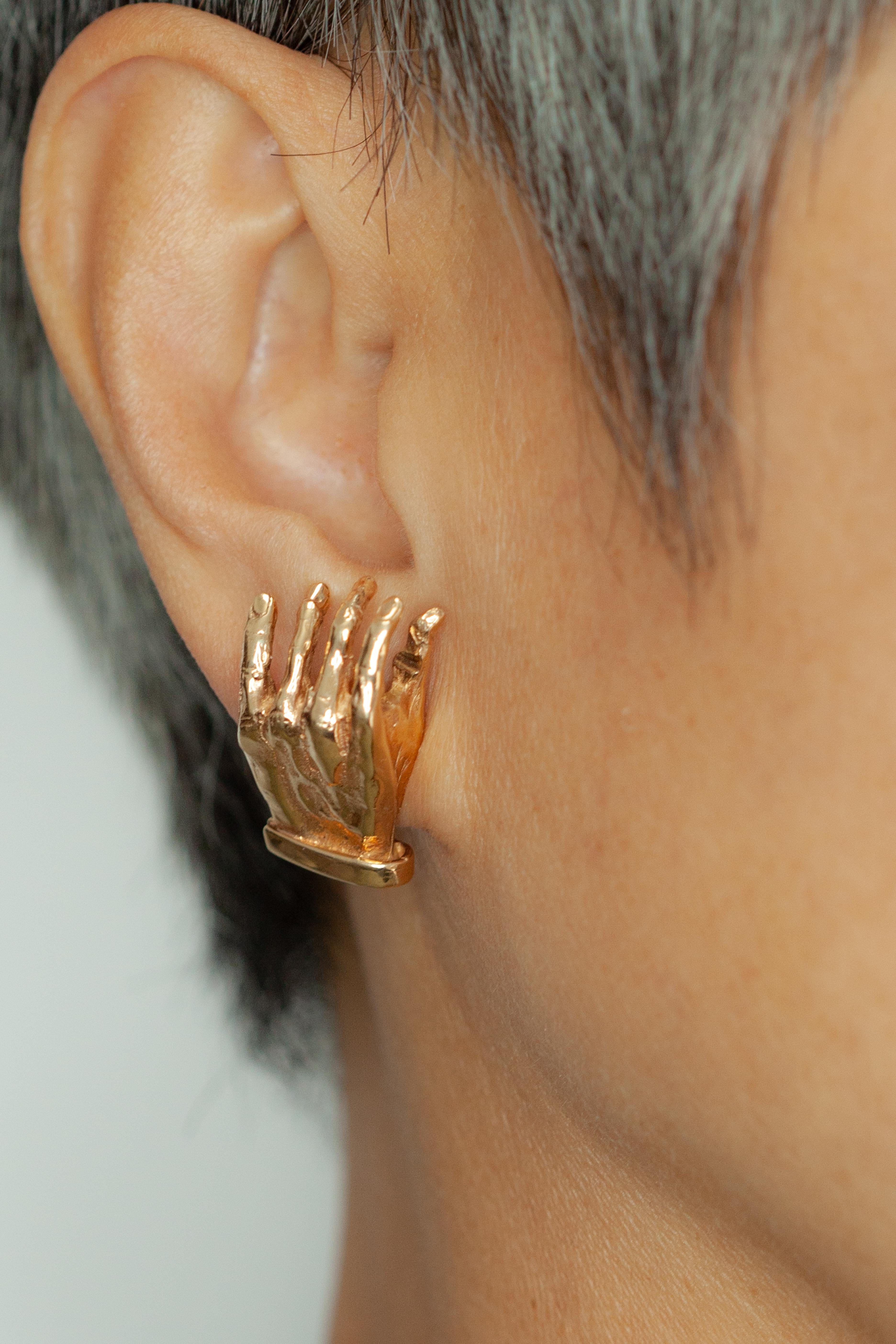 Modern Vintage 14K Yellow Gold Sculptural Hand Earrings For Sale