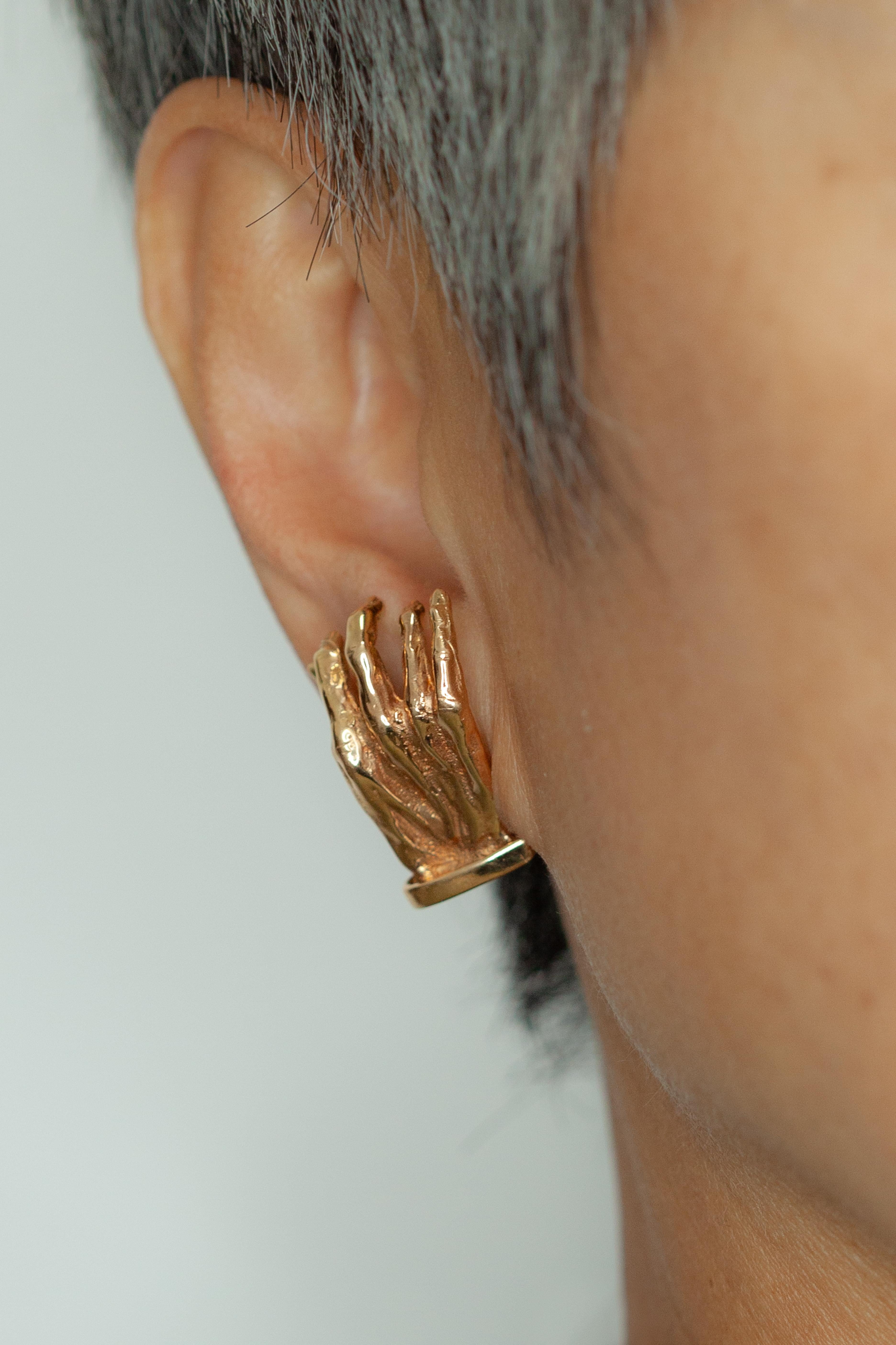 Women's or Men's Vintage 14K Yellow Gold Sculptural Hand Earrings For Sale