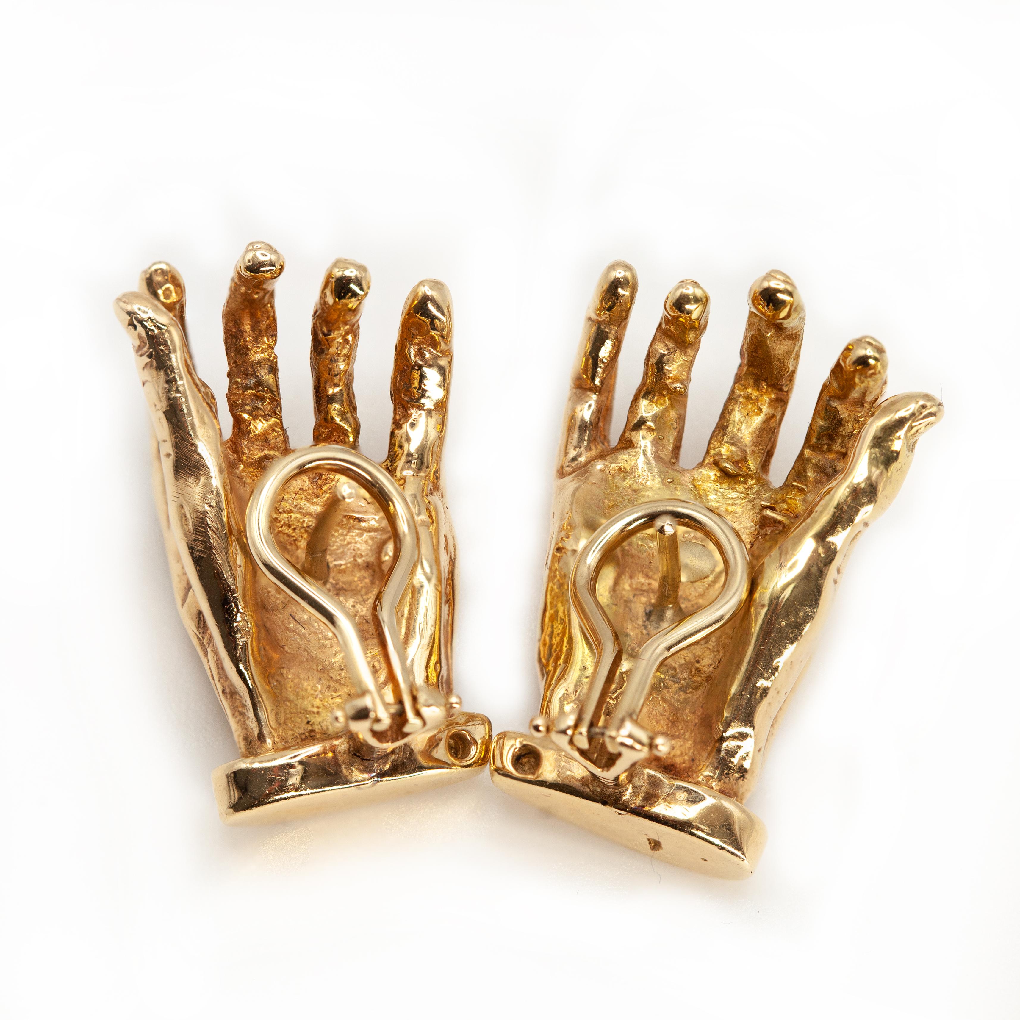 Vintage 14K Yellow Gold Sculptural Hand Earrings For Sale 1