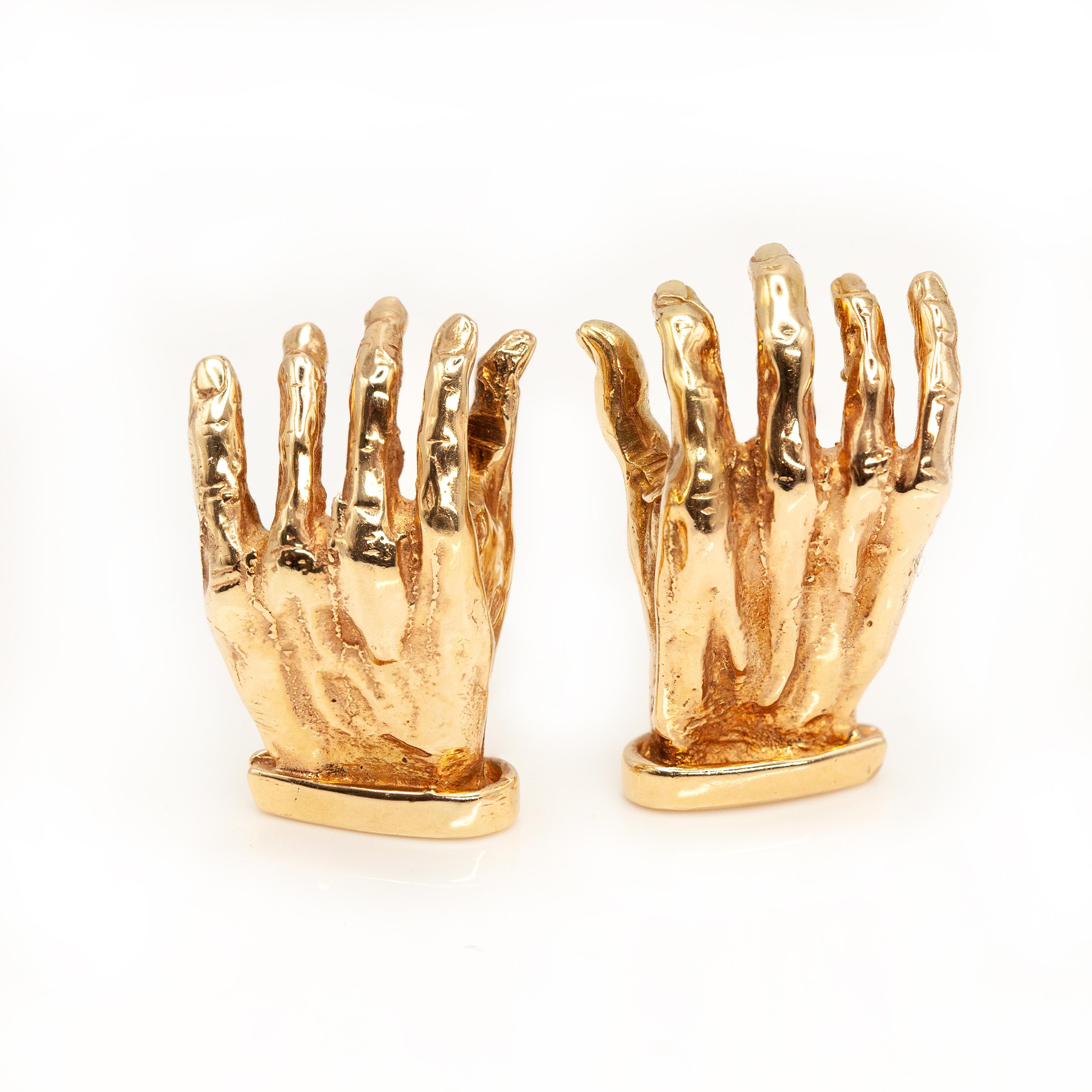 Vintage 14K Yellow Gold Sculptural Hand Earrings For Sale 2