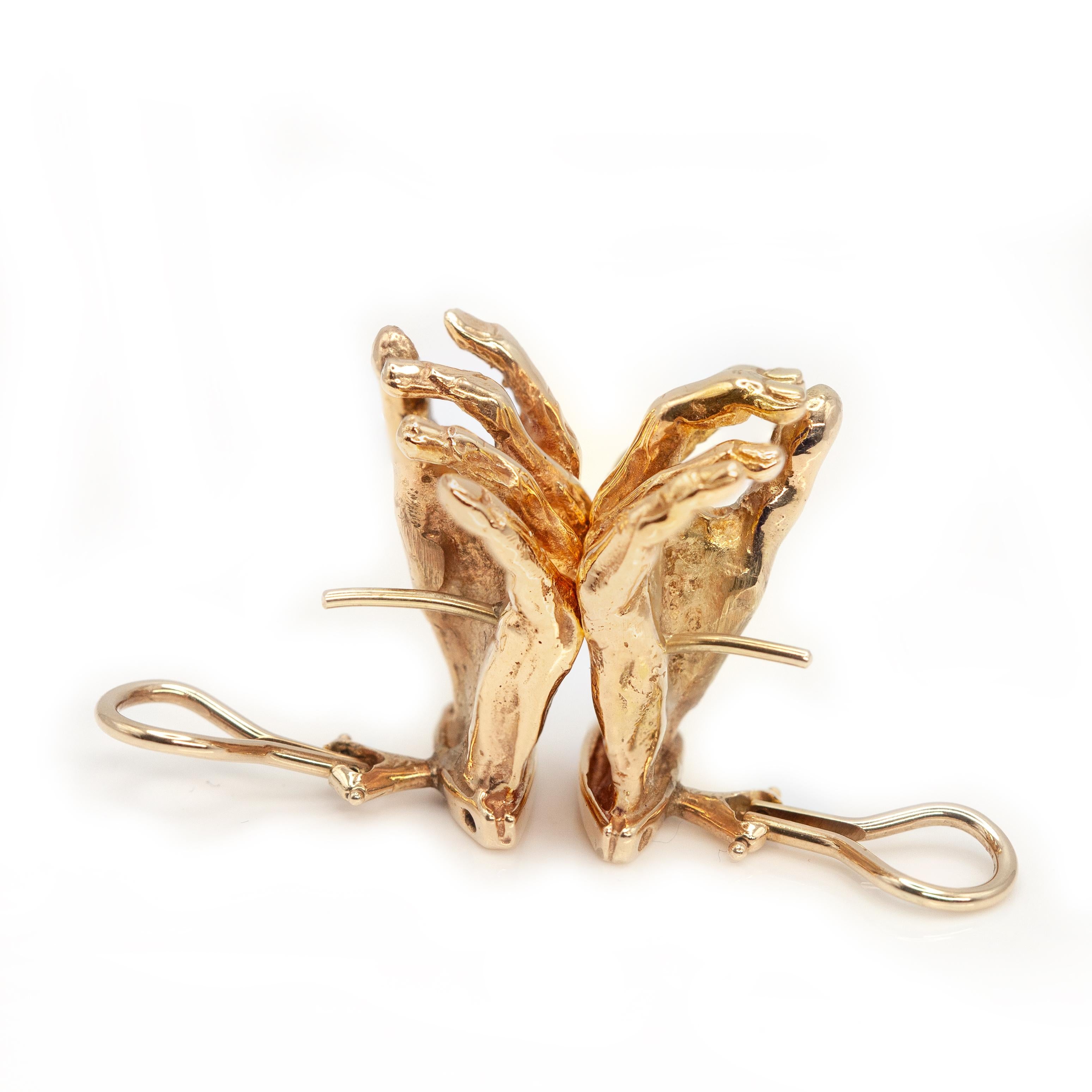 Vintage 14K Yellow Gold Sculptural Hand Earrings For Sale 3