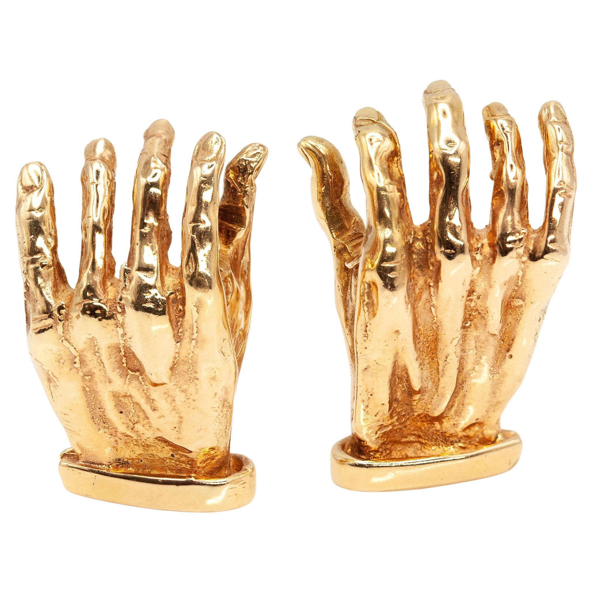 Vintage 14K Yellow Gold Sculptural Hand Earrings For Sale