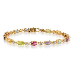 Vintage 14k Yellow Gold Semi Precious Multi-Gemstone and Diamond Tennis Bracelet