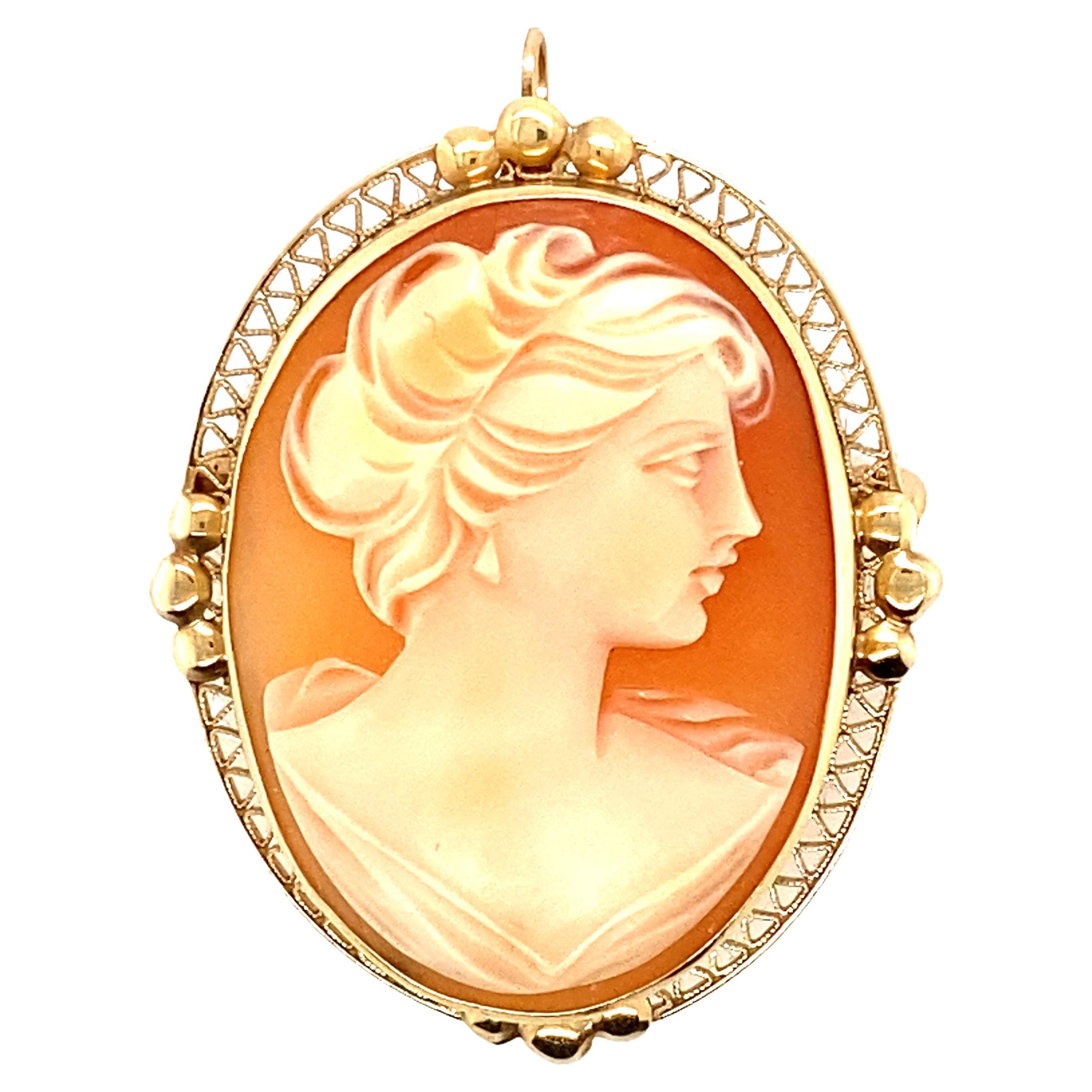 Vintage 14k Yellow Gold Shell Cameo 1960s Victorian Revival
