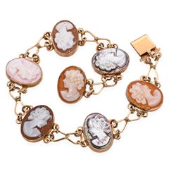 Vintage 14k Yellow Gold Shell Cameo and Mother of Pearl Cameo Bracelet