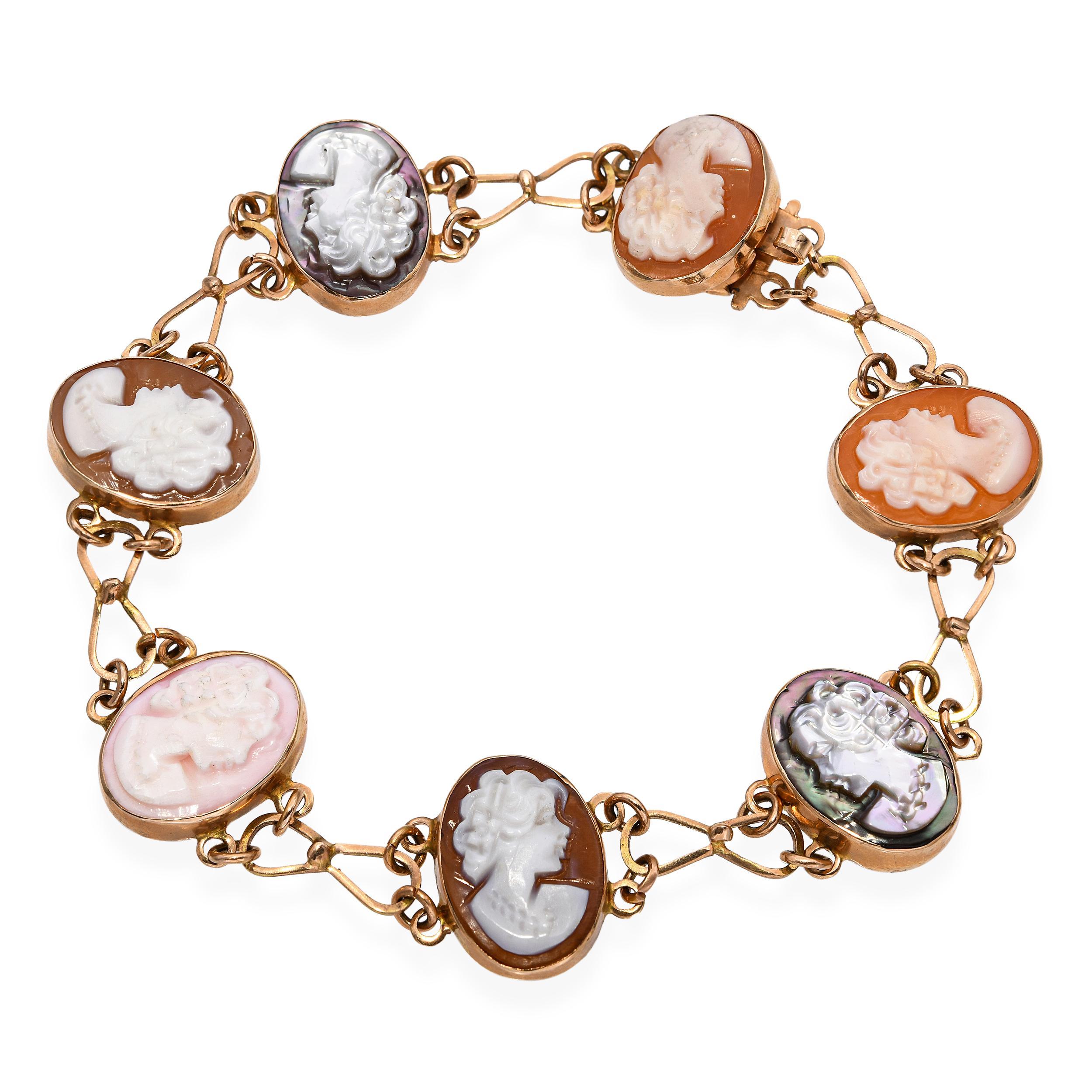 Vintage 14k Yellow Gold Shell Cameo and Mother of Pearl Cameo Bracelet