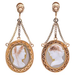 Vintage 14k Yellow Gold Shell Cameo Drop Earrings