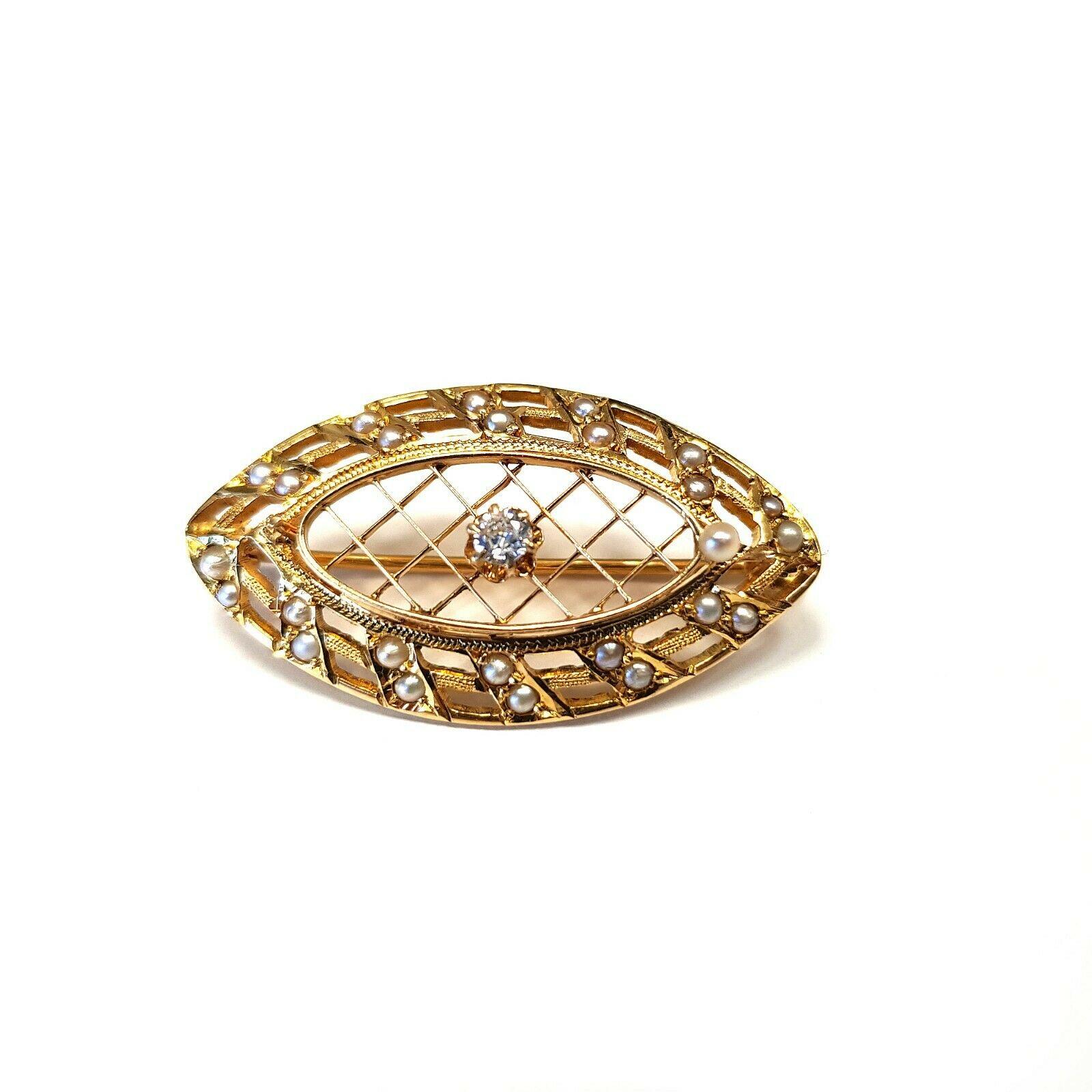Round Cut Vintage 14 Karat Gold Shield Brooch with Very Tiny Pearls and Diamond 0.08 Carat For Sale