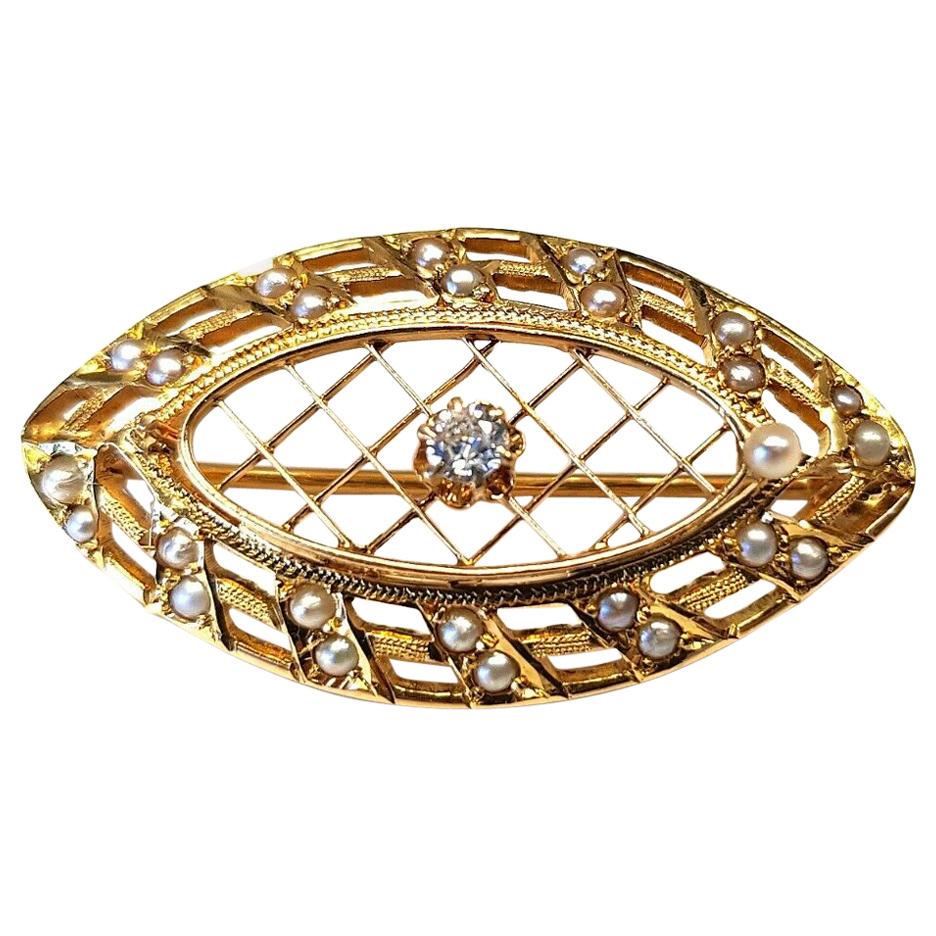 Broche bouclier vintage en or 14 carats avec très fines perles et diamants de 0,08 carat