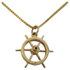 Vintage 14K Yellow Gold "Ship
s Wheel" Pendant 
Chain - Bahamas - Circa 1940