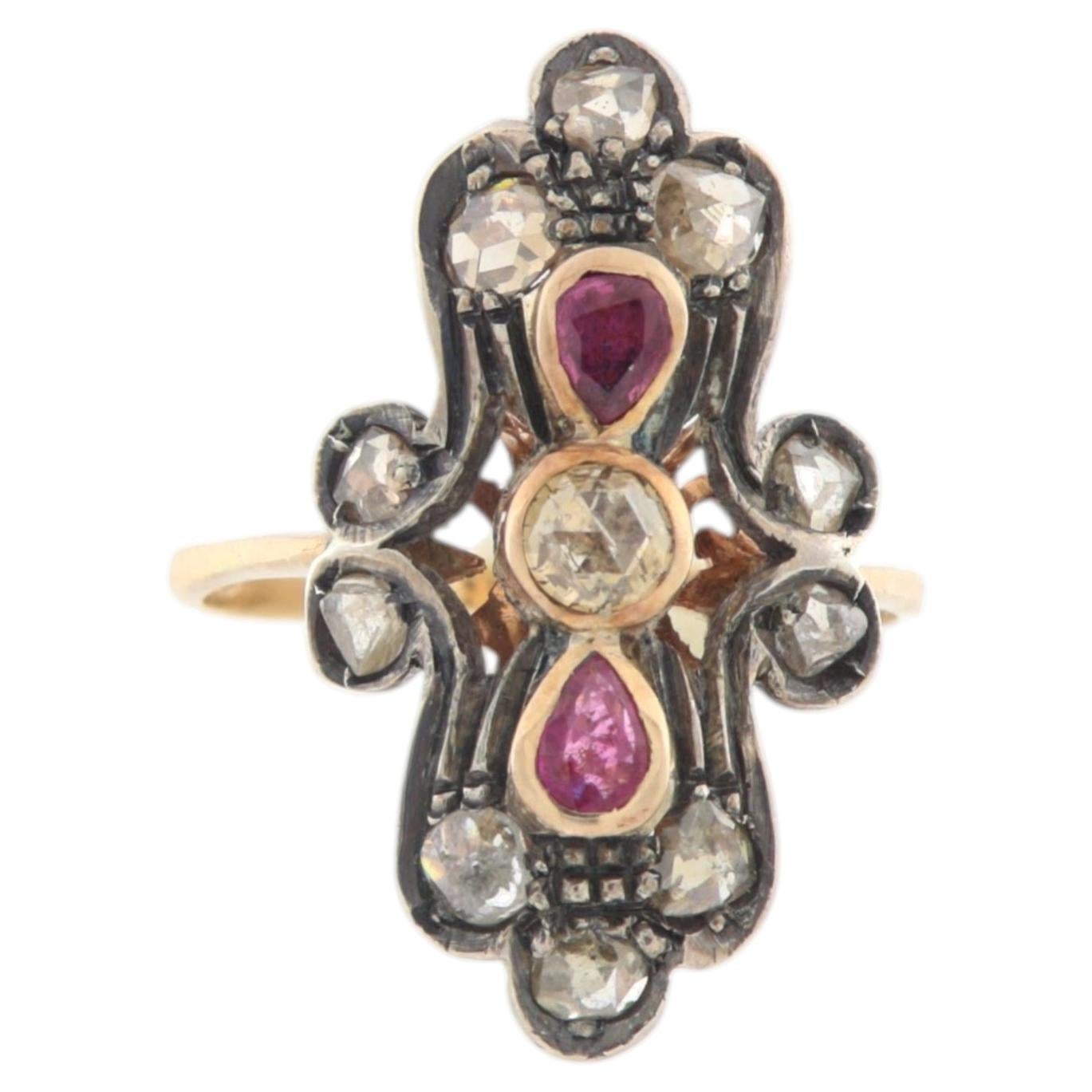 Vintage 14K Yellow Gold & Silver 800 Natural Diamond & Ruby Cocktail Ring