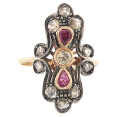 Bague de cocktail vintage en or jaune 14 carats et argent 800, sertie de diamants naturels et de rubis