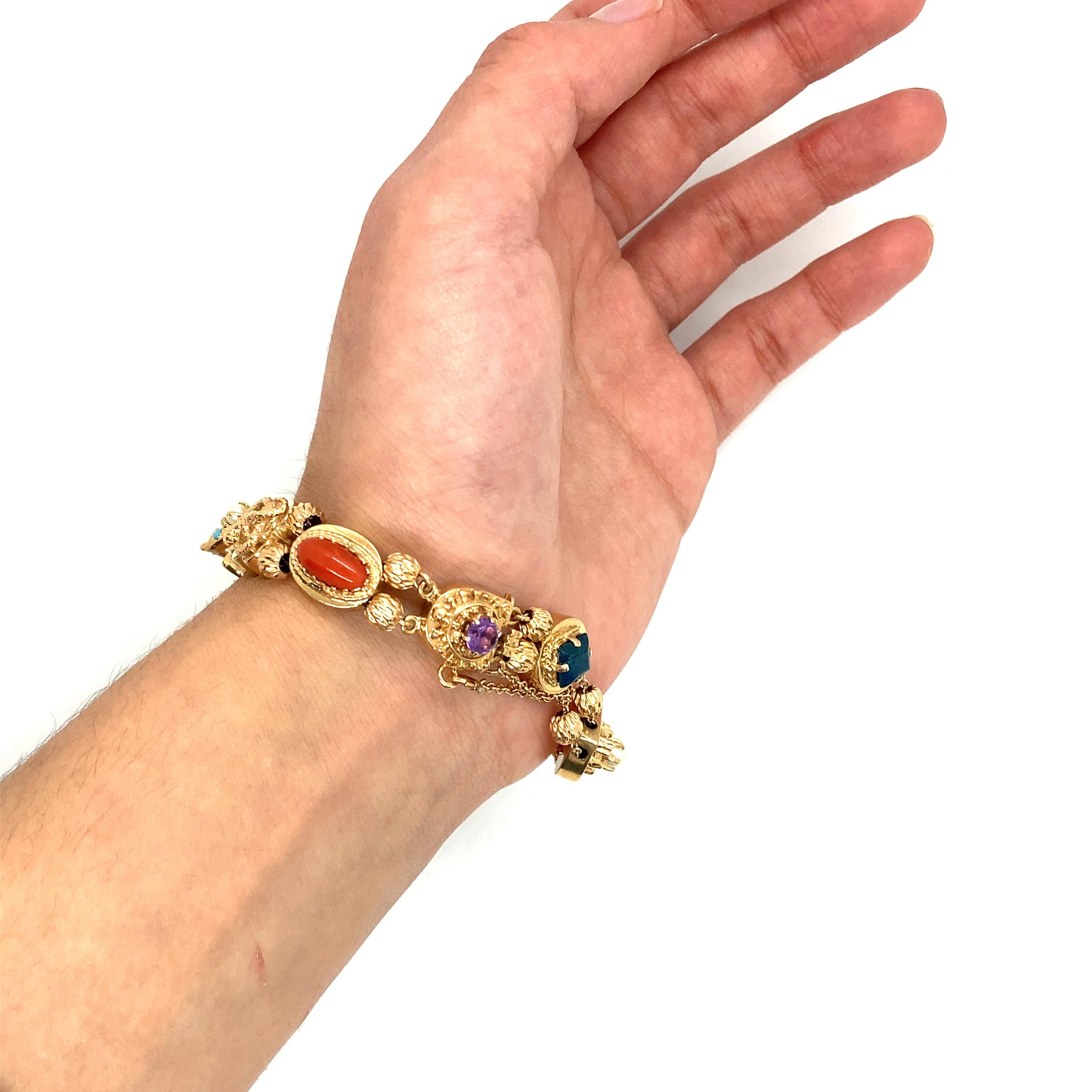 Bracelet à breloques coulissant vintage en or jaune 14 carats  Pour femmes en vente