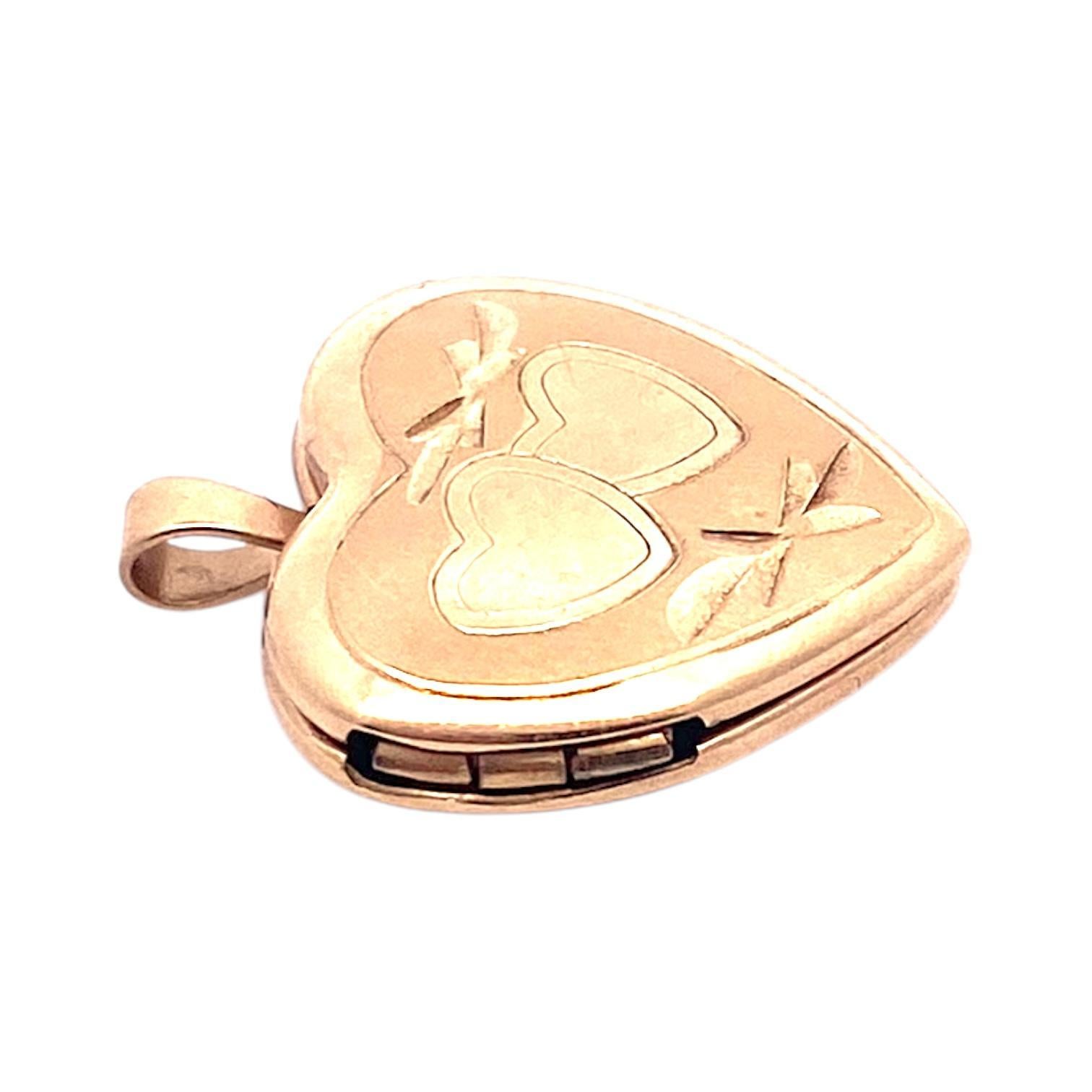 Art Nouveau Vintage 14K Yellow Gold Small Heart Locket Charm Pendant