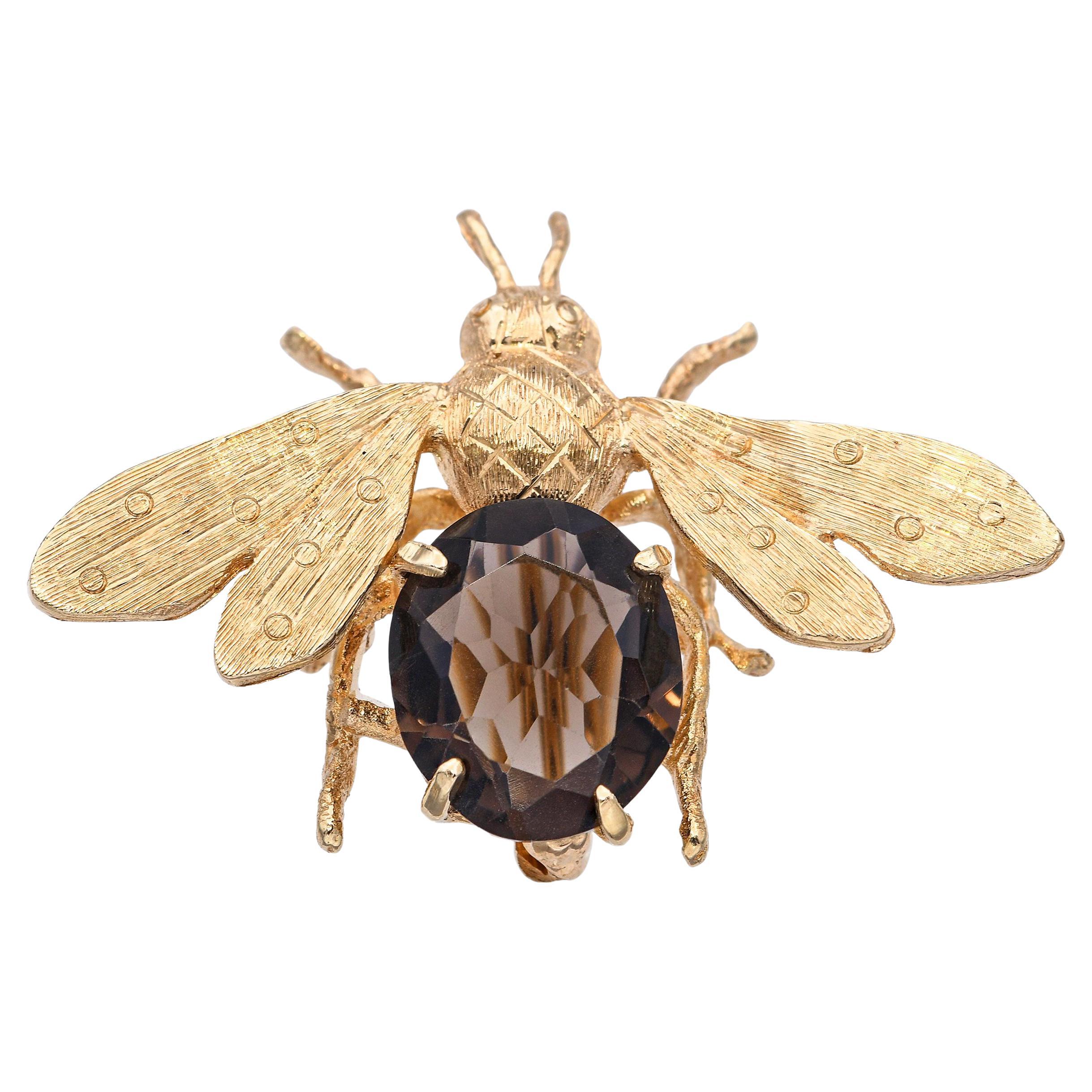 Broche abejorro vintage de cuarzo ahumado en oro amarillo de 14k