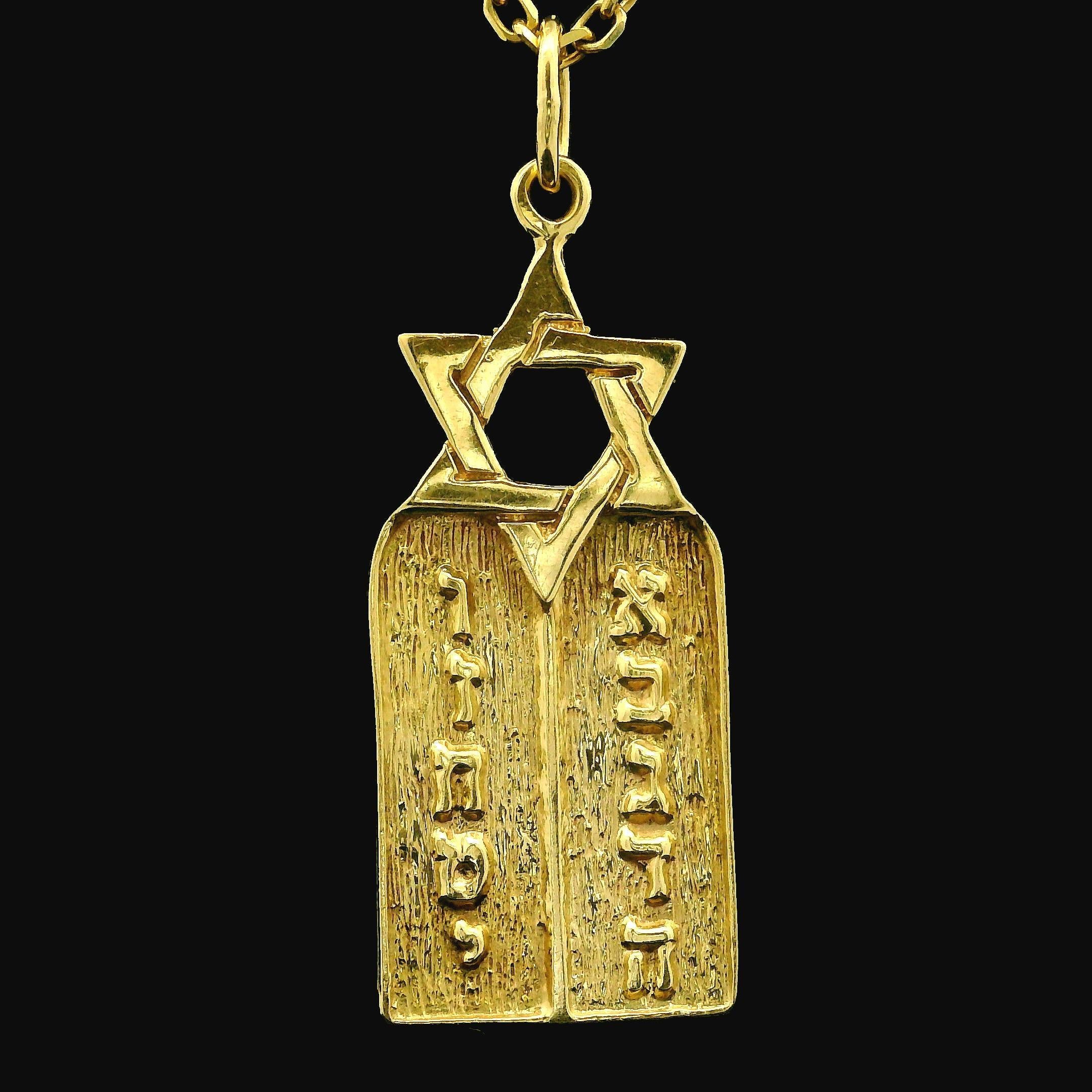 Vintage 14k Yellow Gold Star Of David Ten Commandments Pendant 20