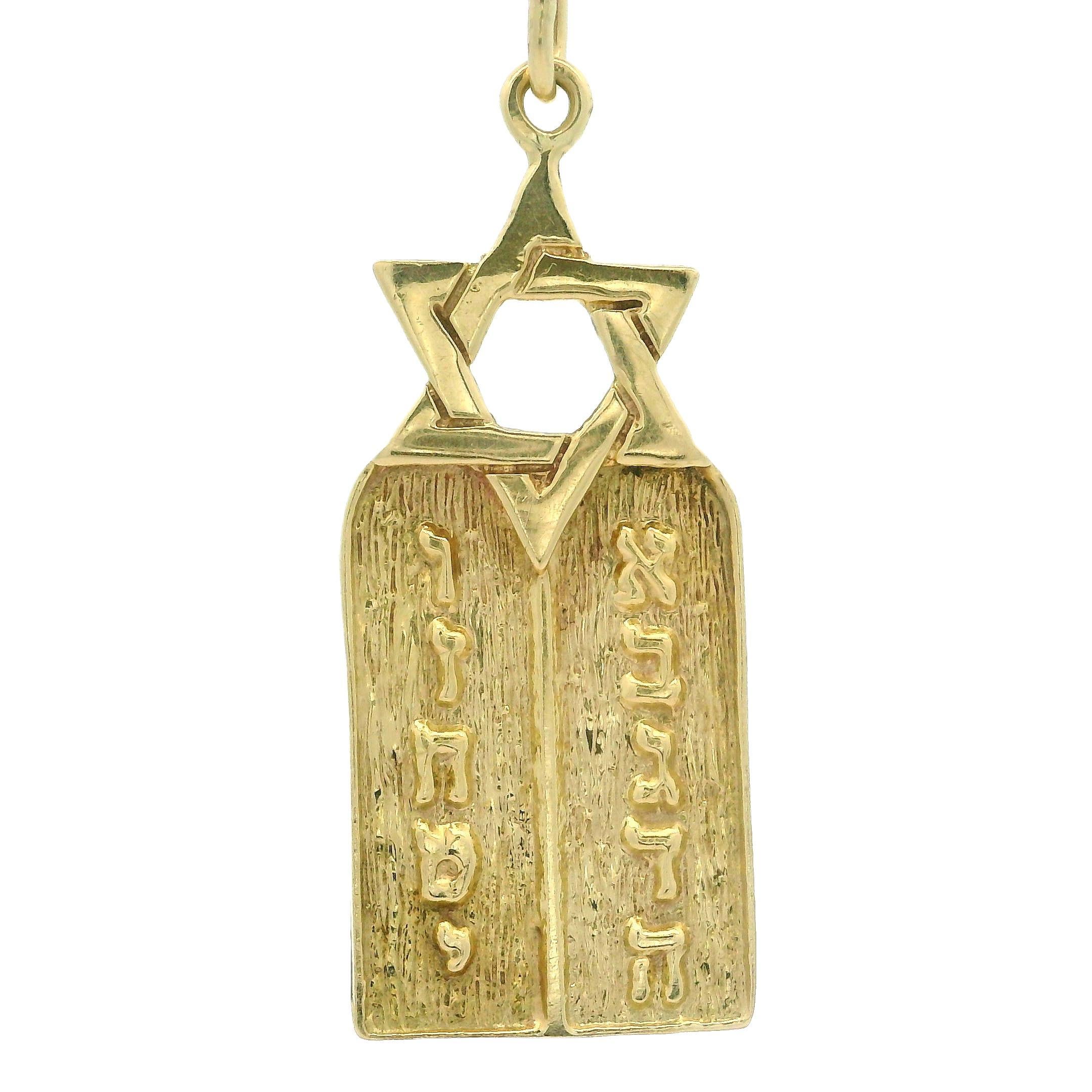 Vintage 14k Yellow Gold Star Of David Ten Commandments Pendant 20