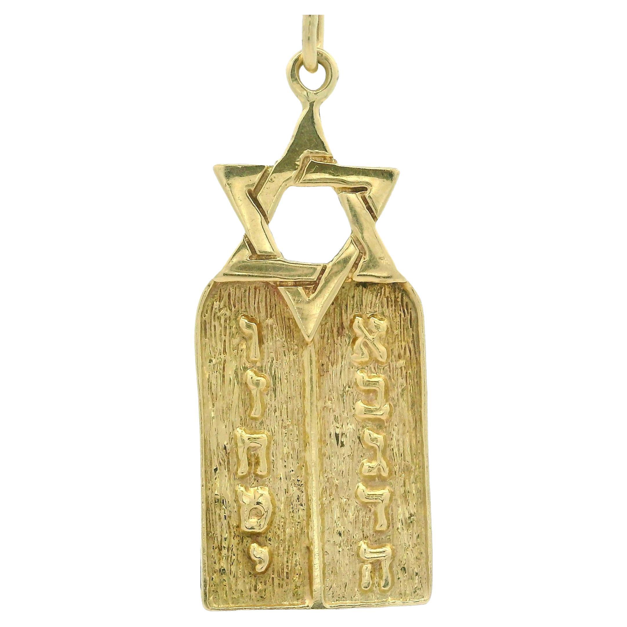 Vintage 14k Yellow Gold Star Of David Ten Commandments Pendant 20" Necklace
