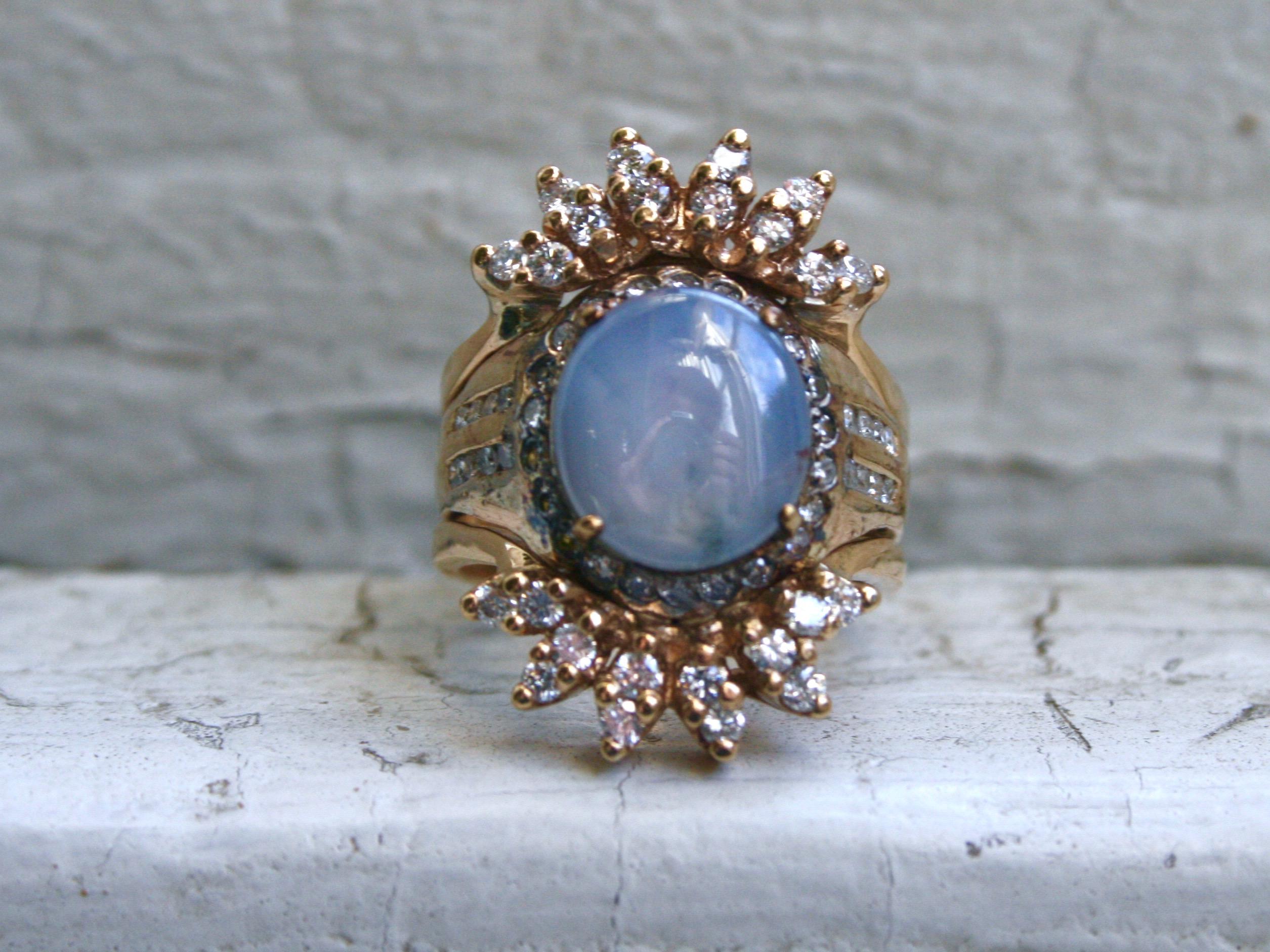 This Amazing Vintage Star Sapphire and DiamondRing  Engagement Ring is a truly special, one of a kind piece - and my new Favorite Piece!!  It's well crafted, the Sapphire is crazy gorgeous, and the diamonds don't hurt either!! Crafted in 14K Yellow
