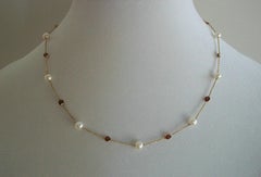 Vintage 14K Yellow Gold Station Necklace w/ Garnets & Pearls - U.S. - Circa 1980