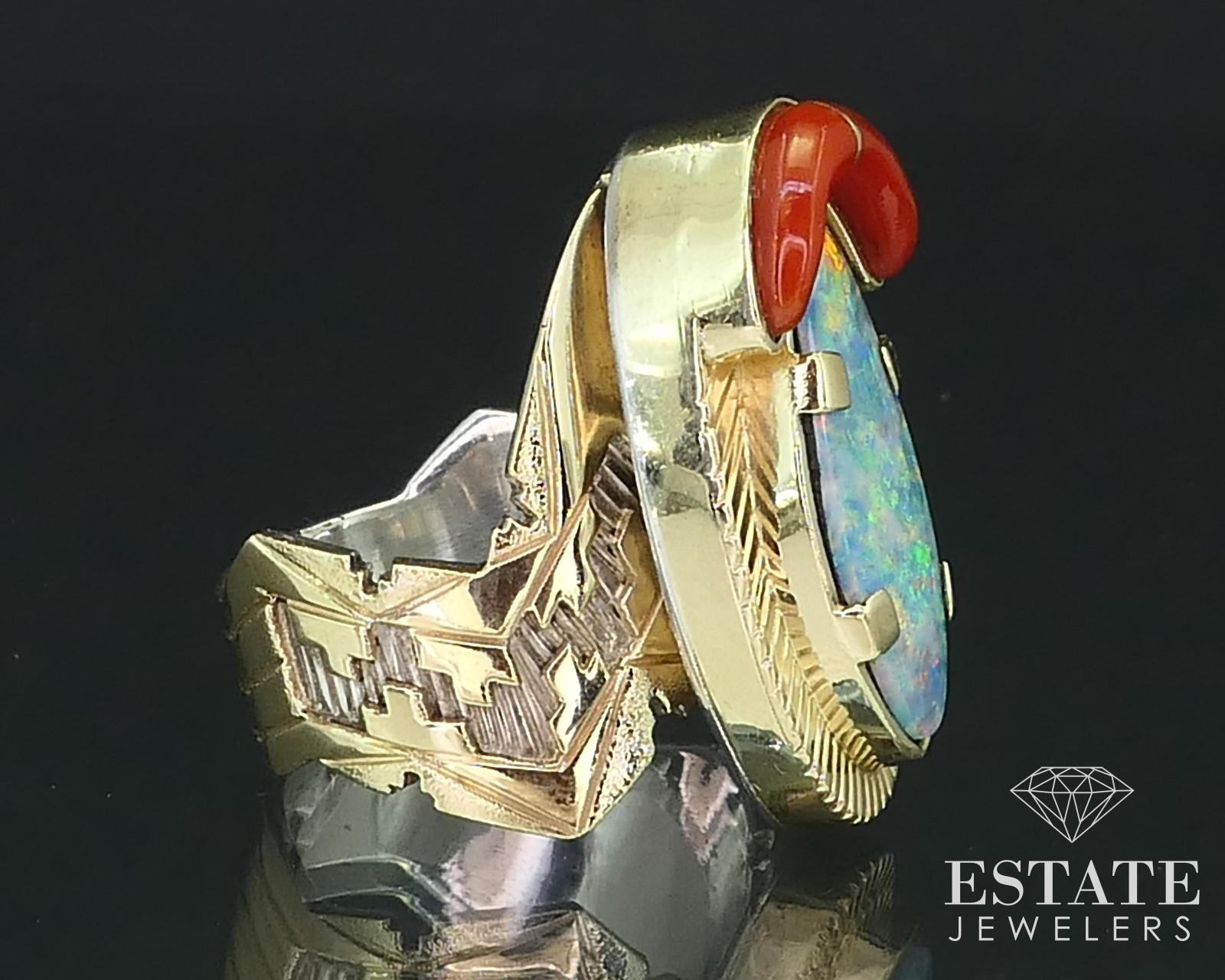 Contemporary Vintage 14k Yellow Gold & Sterling Leo Yazzie Navajo Opal Coral Ring i15797 For Sale