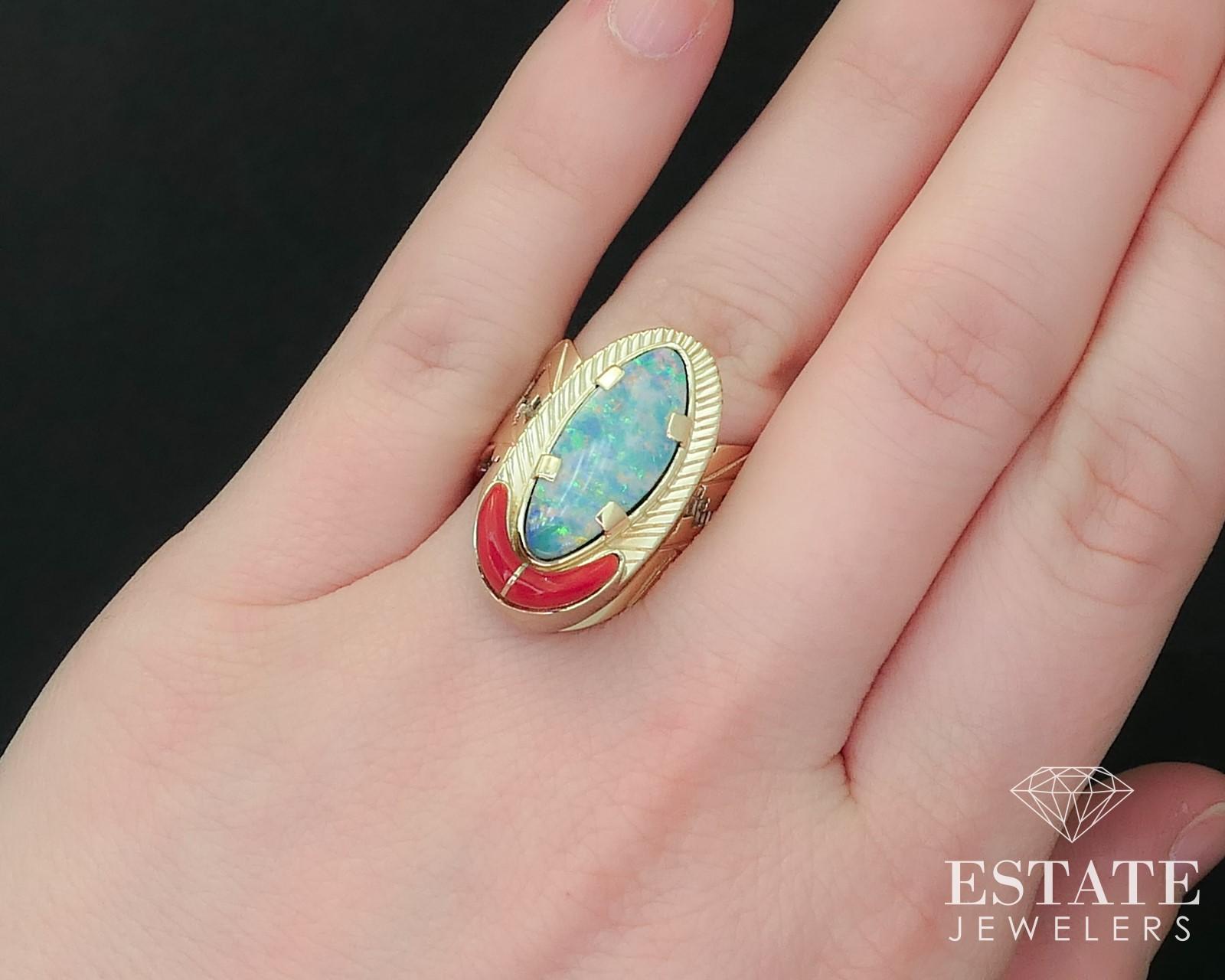 Vintage 14k Yellow Gold & Sterling Leo Yazzie Navajo Opal Coral Ring i15797 In Good Condition For Sale In Toledo, OH