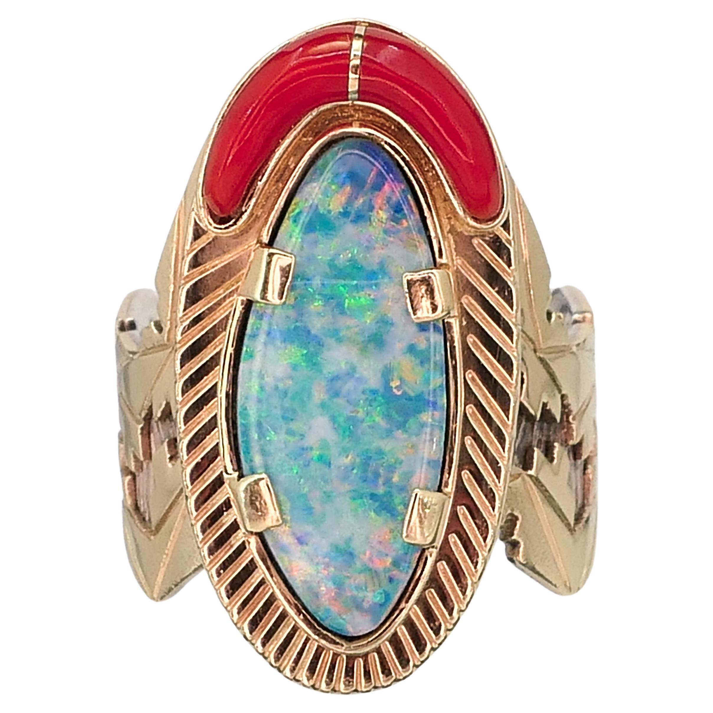 Vintage 14k Yellow Gold & Sterling Leo Yazzie Navajo Opal Coral Ring i15797 For Sale