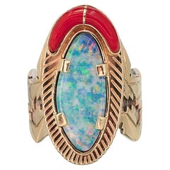 Vintage 14k Yellow Gold & Sterling Leo Yazzie Navajo Opal Coral Ring i15797
