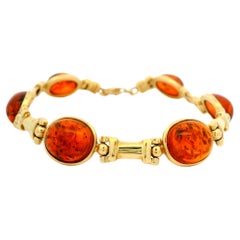 Vintage 14k Yellow Gold Substantial Bezel Set Amber Cabochon Link Bracelet