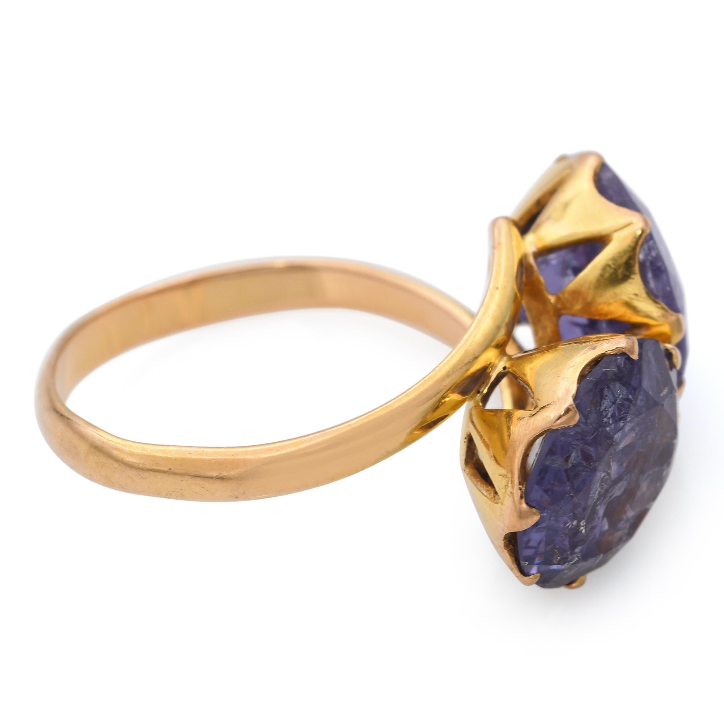 Vintage 14k Gelbgold Synthetischer Alexandrit Toi Et Moi Ring im Zustand „Gut“ im Angebot in New York, NY
