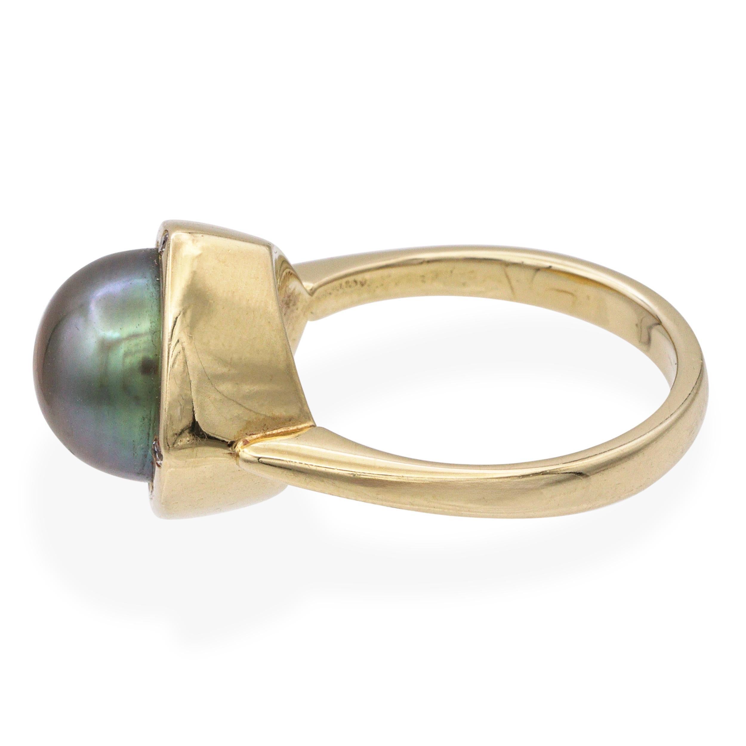 Anillo vintage de oro amarillo de 14k con perla de Tahití y diamantes en Bueno estado para la venta en New York, NY