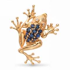 Vintage 14k Yellow Gold Teal Sapphire and Diamond Frog Brooch