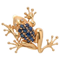 Vintage 14k Yellow Gold Teal Sapphire and Diamond Frog Brooch