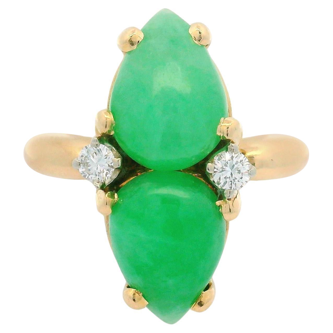 Anello gemello a goccia di giada e diamanti in oro giallo 14k vintage in vendita