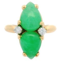 Vintage 14k Yellow Gold Teardrop Jade & Diamond Cocktail Twin Ring