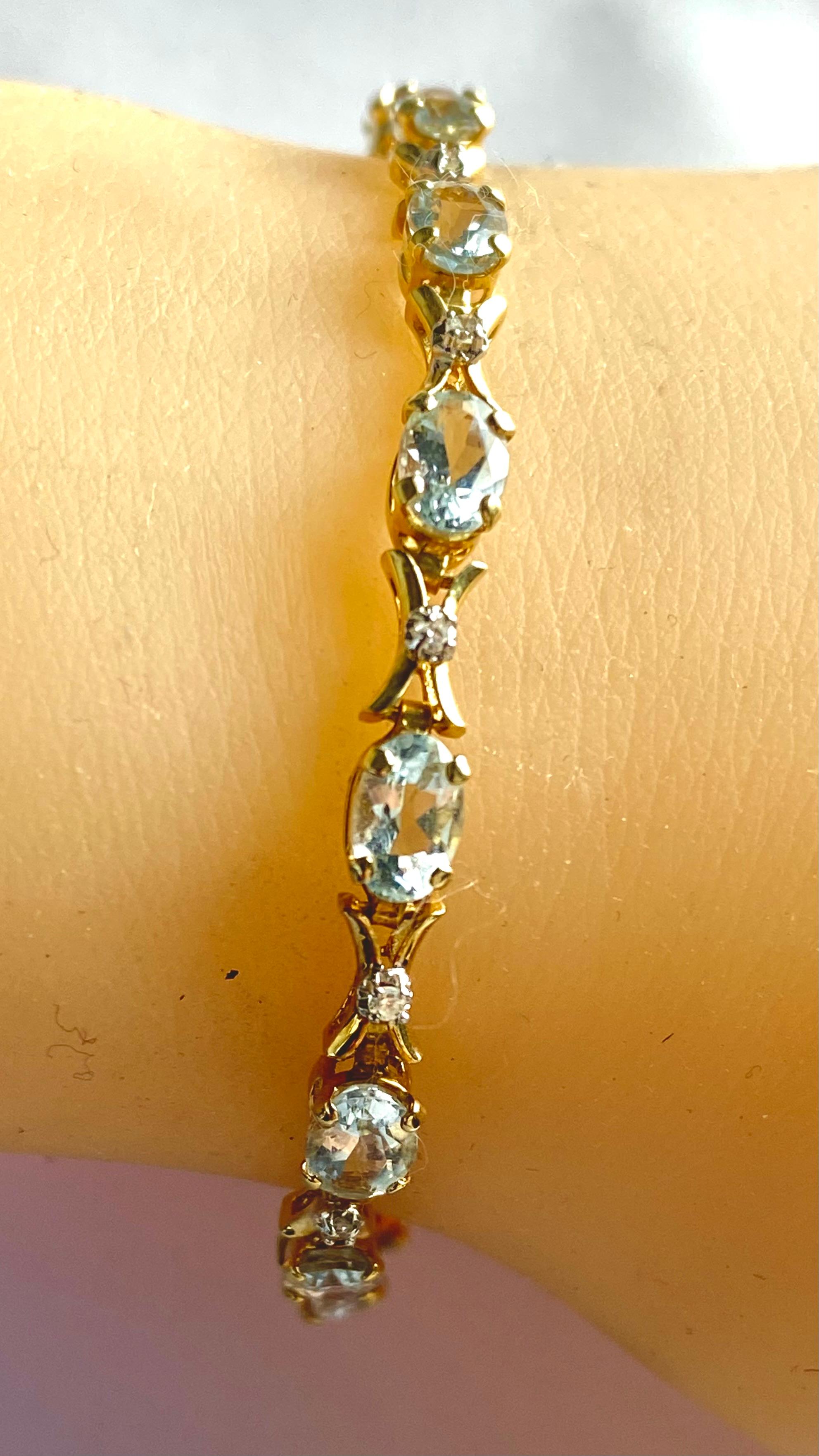 Vintage 14K Yellow Gold Tennis Bracelet with Aquamarines and Diamonds 2