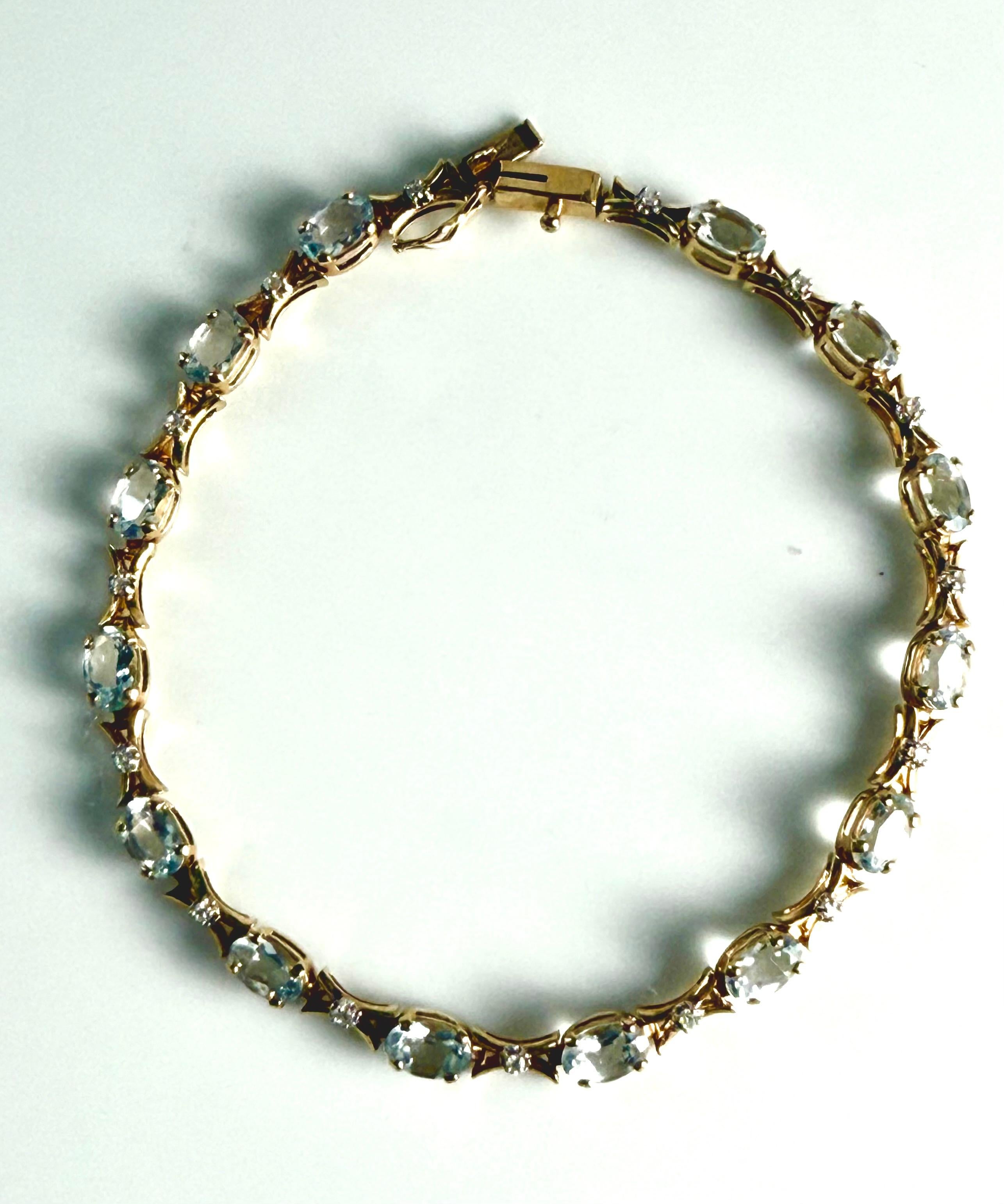 Vintage 14K Yellow Gold Tennis Bracelet with Aquamarines and Diamonds 6