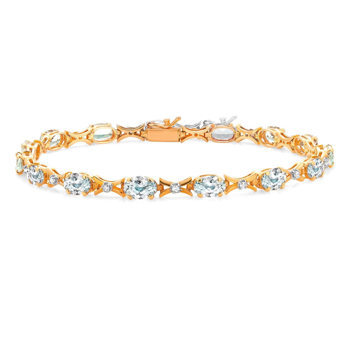 Vintage 14K Yellow Gold Tennis Bracelet with Aquamarines and Diamonds 4