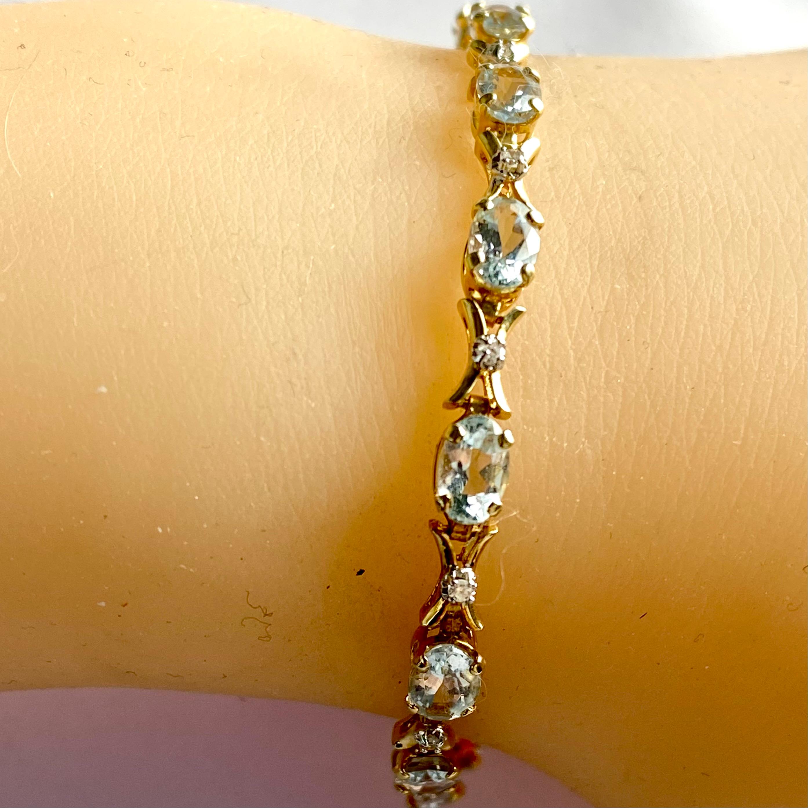 Vintage 14K Yellow Gold Tennis Bracelet with Aquamarines and Diamonds 3