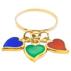 Vintage 14K Yellow Gold Three Hearts Enamel Charms Pinky Band