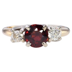 Vintage 14k Yellow Gold Three Stone Garnet & Diamond Ring