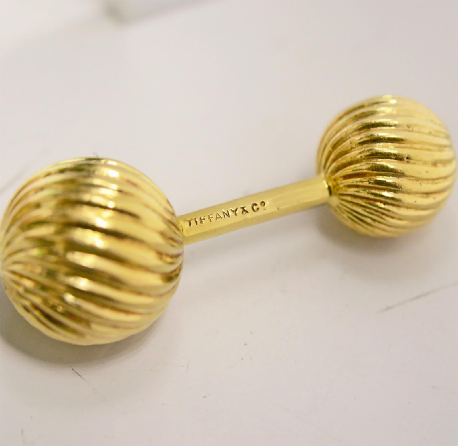 Men's Vintage 14 Karat Yellow Gold Tiffany Barbell Cufflinks For Sale