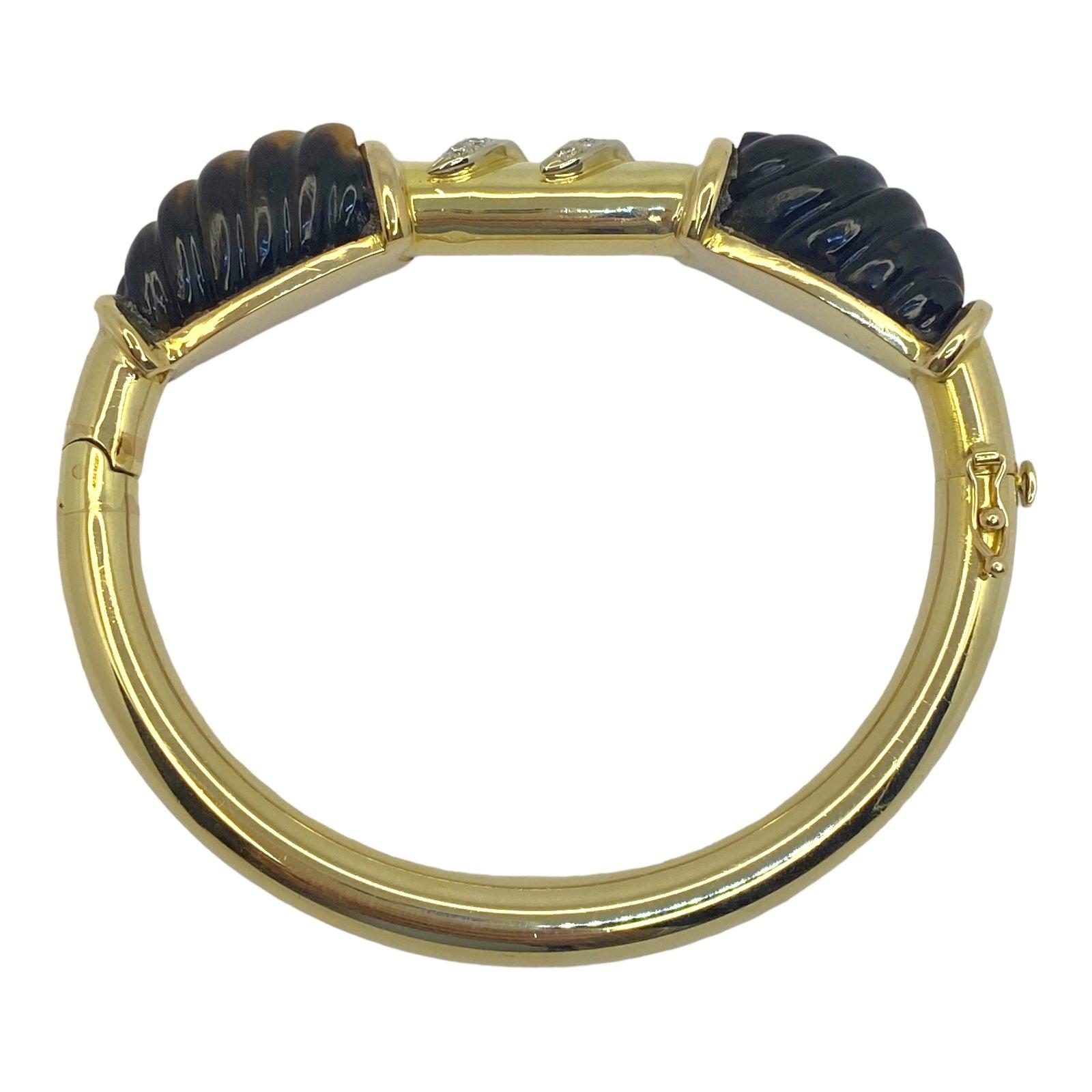 Brilliant Cut Vintage 14K Yellow Gold Tiger's Eye and Diamond Bangle Bracelet
