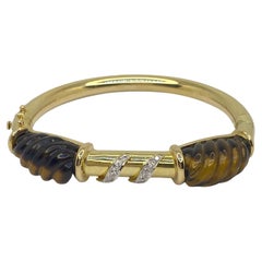 Vintage 14K Yellow Gold Tiger's Eye and Diamond Bangle Bracelet