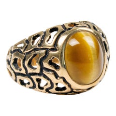 Vintage 14k Yellow Gold Tiger's Eye Cabochon Statement Cocktail Brutalist Ring